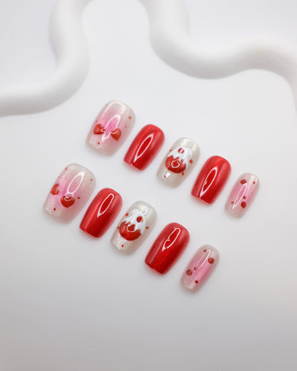 Short Coffin Red Embossed Cherry Cupcakes Press On Nails