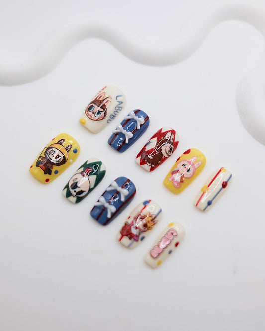 Short Coffin Yellow & Blue LABUBU Press On Nails