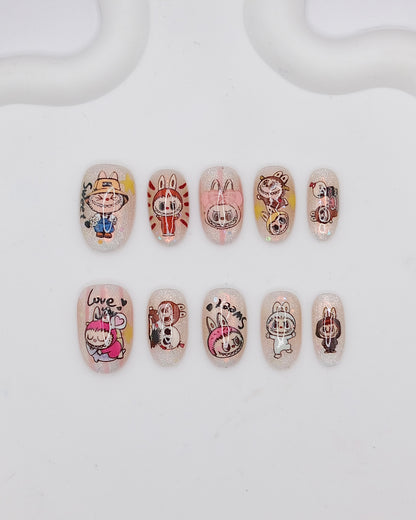 Short Oval Cateye Light Pink LABUBU Press On Nails