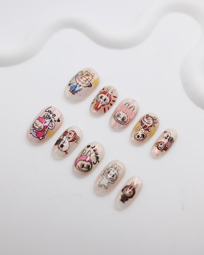 Short Oval Cateye Light Pink LABUBU Press On Nails