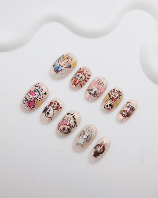 Short Oval Cateye Light Pink LABUBU Press On Nails