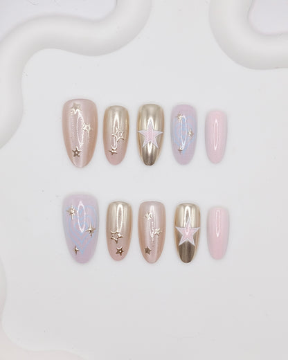 Long Almond Gold Chrome Star Press On Nails
