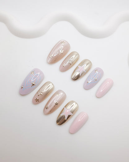 Long Almond Gold Chrome Star Press On Nails