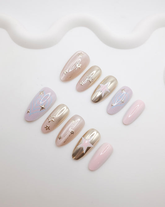 Long Almond Gold Chrome Star Press On Nails