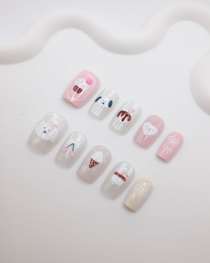 Short Coffin Milky Puppy Dessert Press On Nails