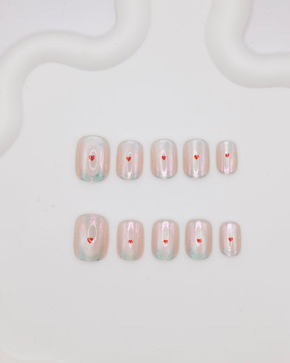 Short Rounded Pearl Aurora Red Heart Press On Nails