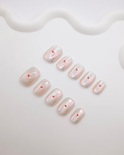 Short Rounded Pearl Aurora Red Heart Press On Nails
