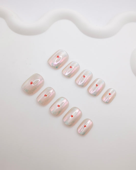 Short Rounded Pearl Aurora Red Heart Press On Nails