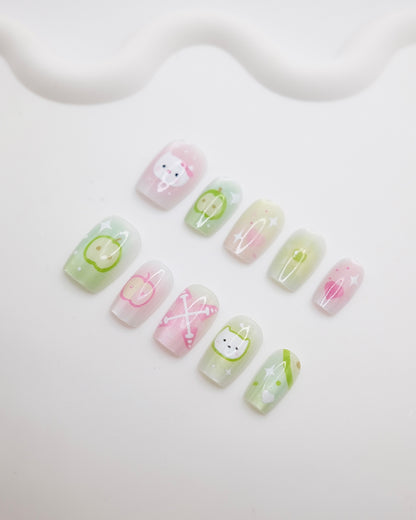 Short Coffin Green Apple Kitty Press On Nails