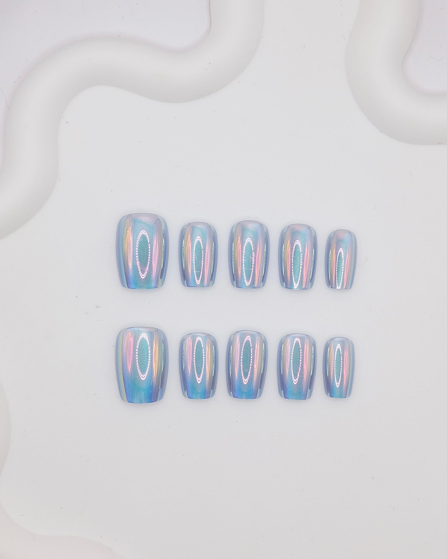 Short Coffin Blue Aurora Chrome Press On Nails