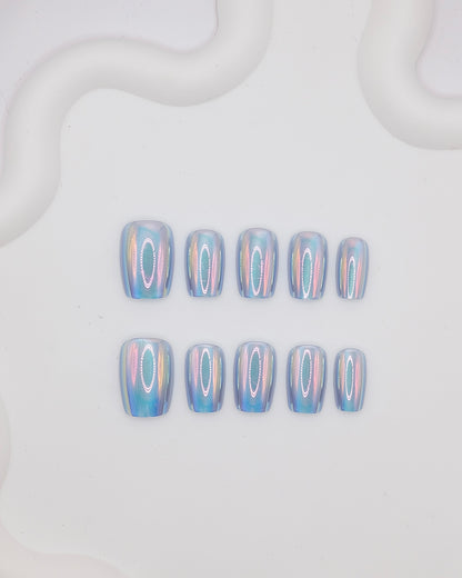 Short Coffin Blue Aurora Chrome Press On Nails