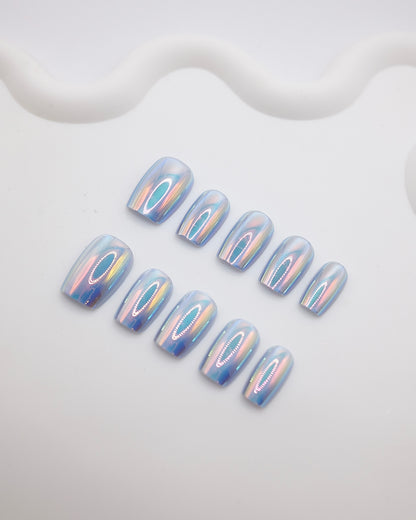 Short Coffin Blue Aurora Chrome Press On Nails