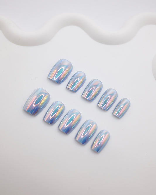 Short Coffin Blue Aurora Chrome Press On Nails