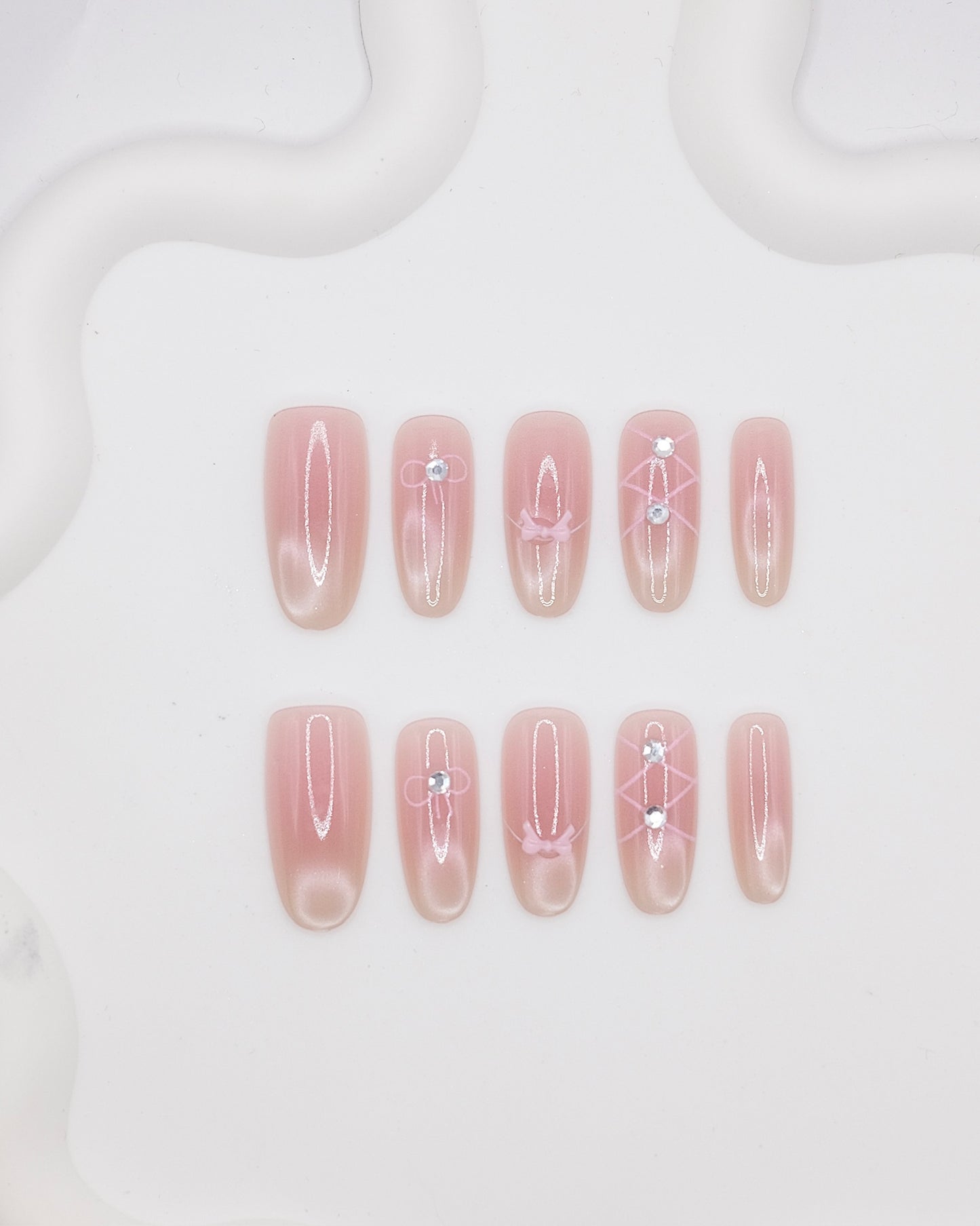 Long Almond Nude Cat eye Pink Ballet Bow Press On Nails