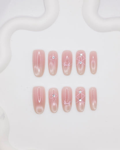 Long Almond Nude Cat eye Pink Ballet Bow Press On Nails