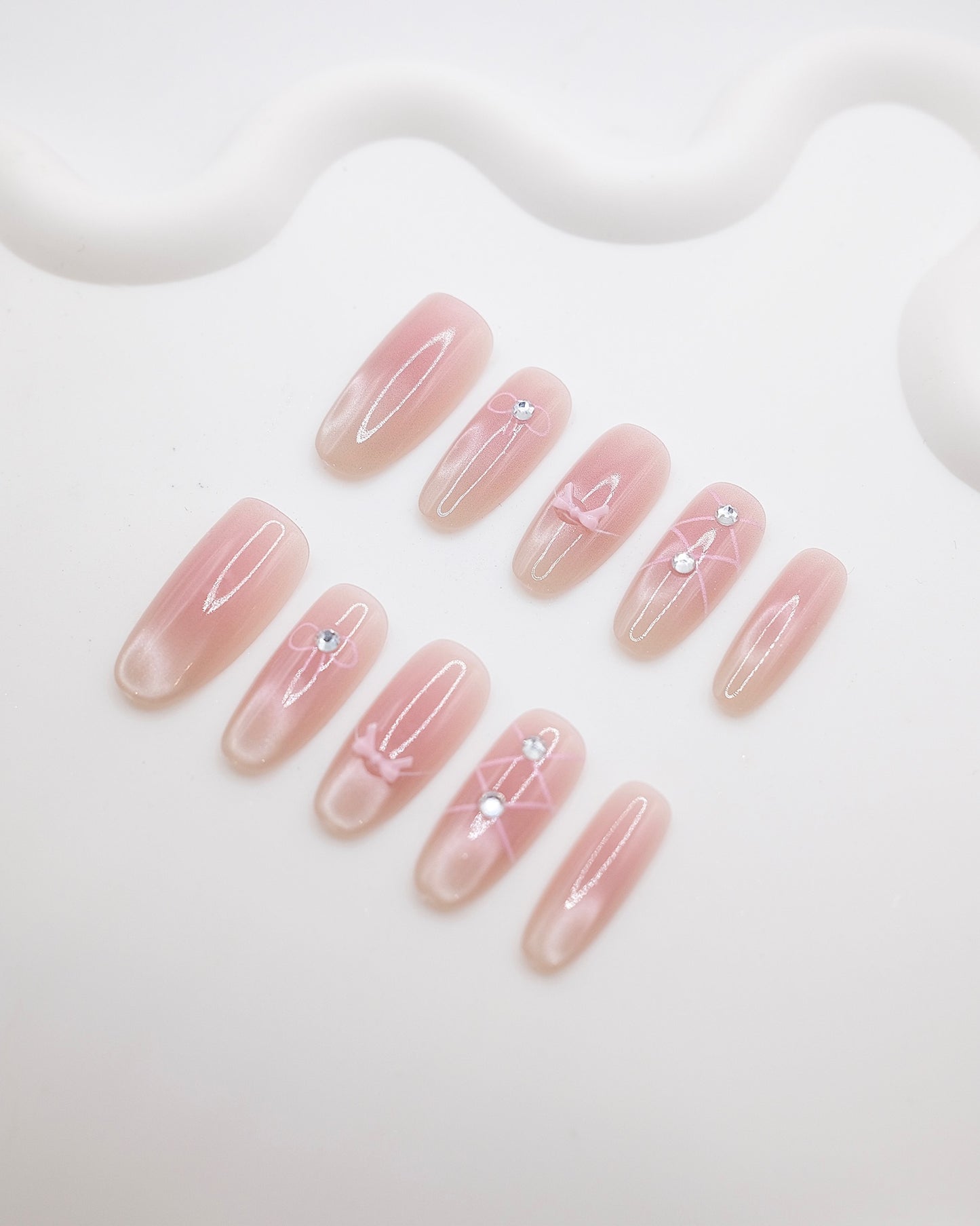 Long Almond Nude Cat eye Pink Ballet Bow Press On Nails
