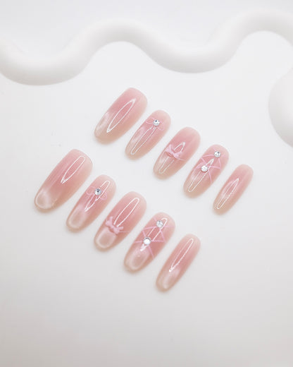 Long Almond Nude Cat eye Pink Ballet Bow Press On Nails