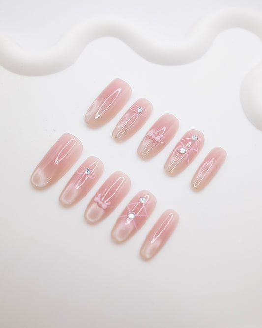 Long Almond Nude Cat eye Pink Ballet Bow Press On Nails