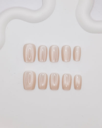 Short Coffin Champagne Nude Pearl Press On Nails