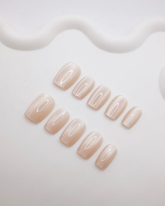 Short Coffin Champagne Nude Pearl Press On Nails