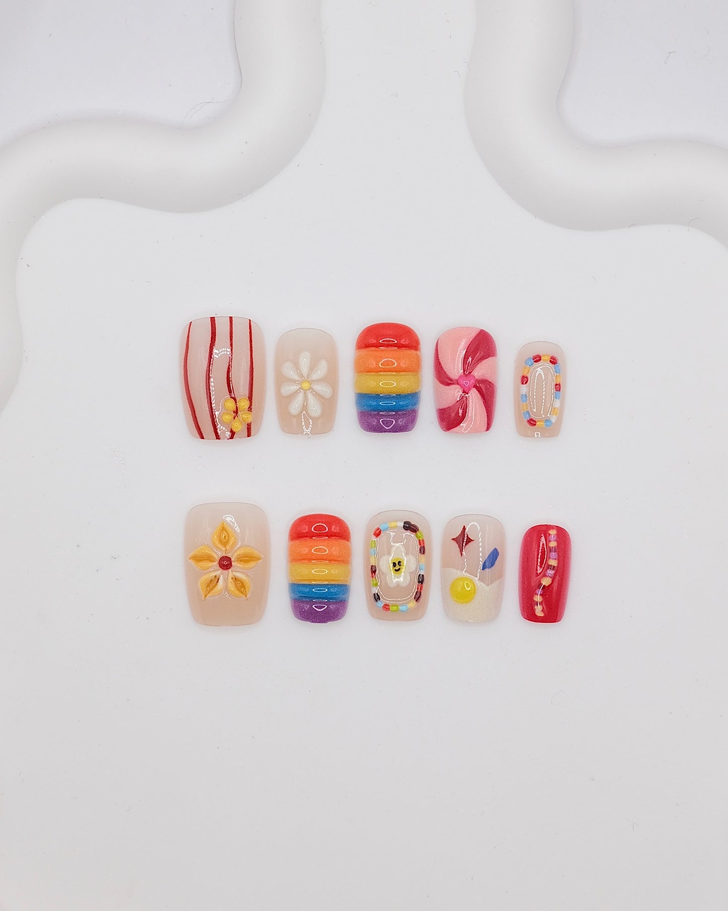 Short Coffin Rainbow Candy Daisy Press On Nails