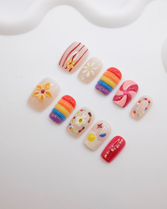 Short Coffin Rainbow Candy Daisy Press On Nails