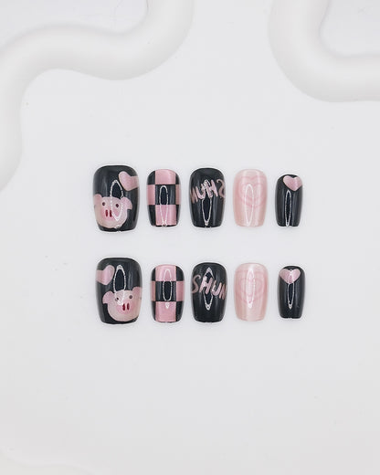 Short Coffin Black Pink Piggy Press On Nails