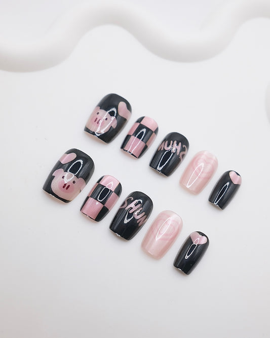 Short Coffin Black Pink Piggy Press On Nails