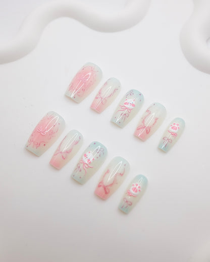 Long Coffin Pink Bow Kitty Press On Nails