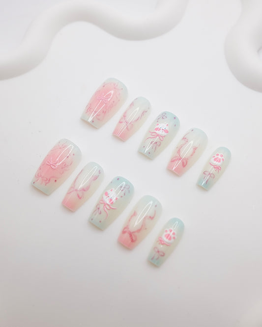 Long Coffin Pink Bow Kitty Press On Nails