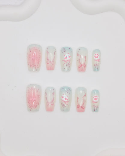 Long Coffin Pink Bow Kitty Press On Nails