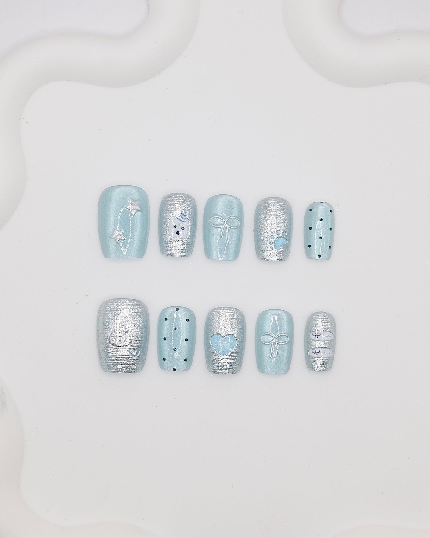 Short Coffin Ice Blue Kitty Press On Nails