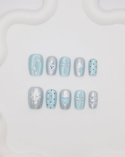 Short Coffin Ice Blue Kitty Press On Nails
