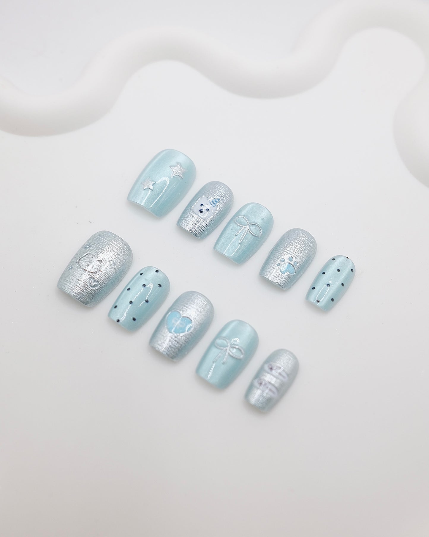 Short Coffin Ice Blue Kitty Press On Nails