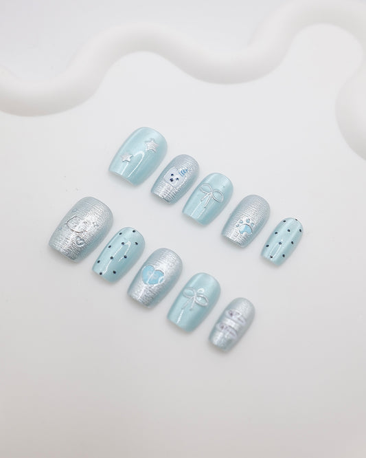 Short Coffin Ice Blue Kitty Press On Nails