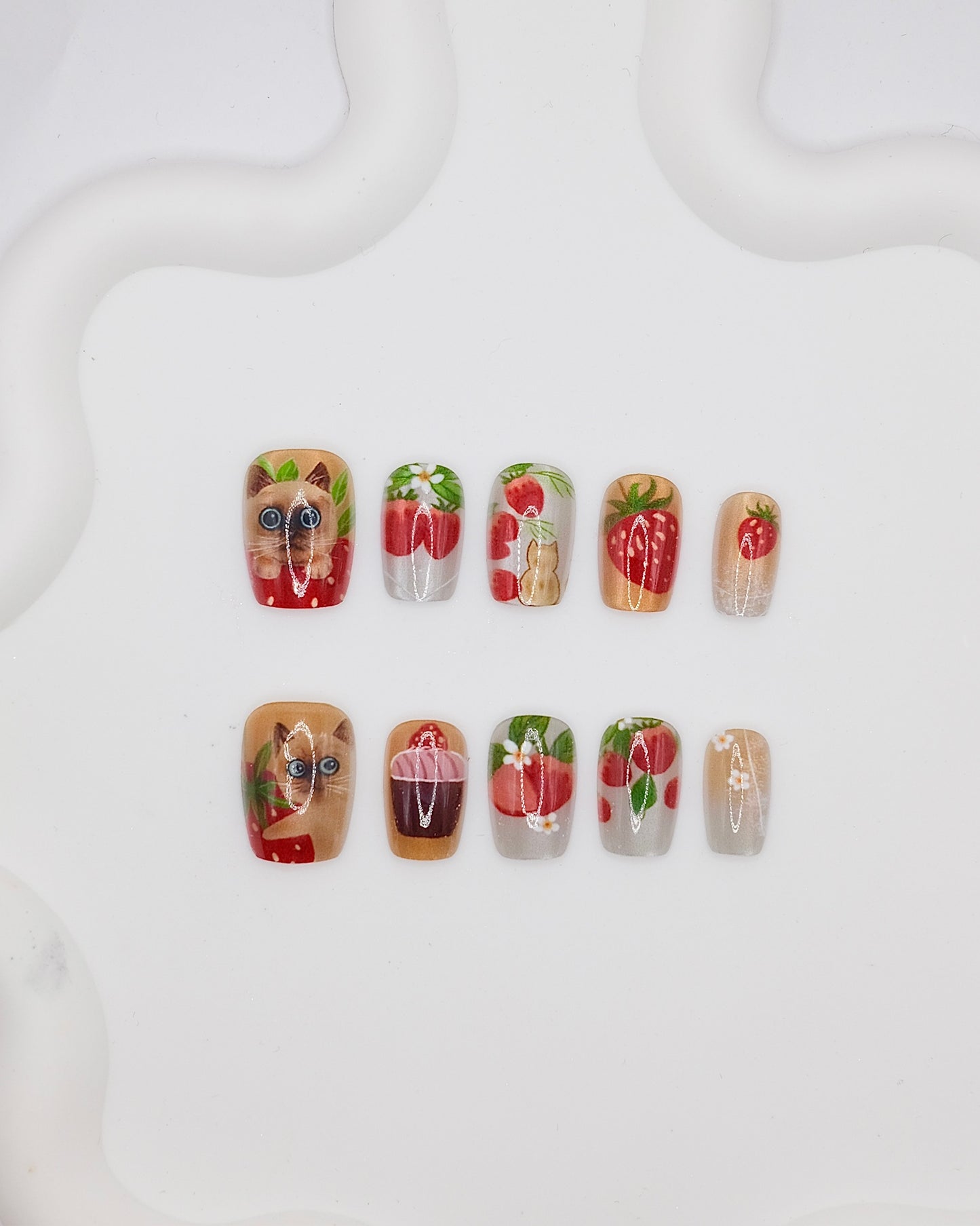 Short Coffin Strawberry Siamese Cat Press On Nails