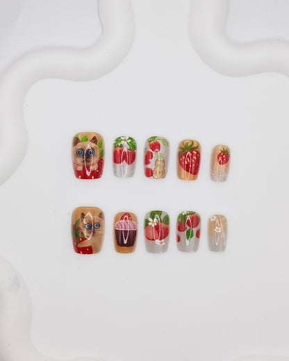 Short Coffin Strawberry Siamese Cat Press On Nails