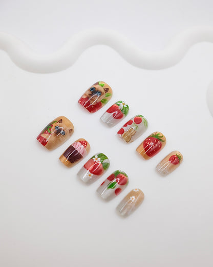 Short Coffin Strawberry Siamese Cat Press On Nails
