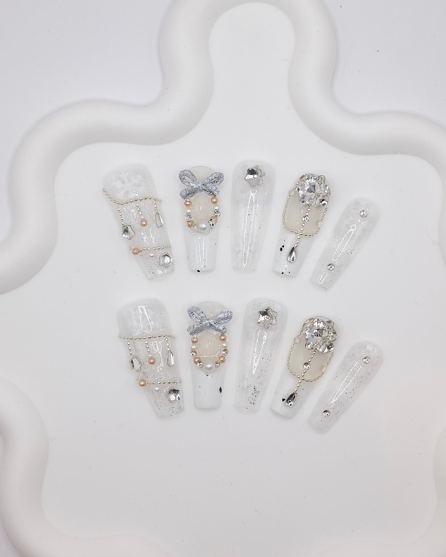 Extra Long Coffin White Snowflake & Diamond Press On Nails