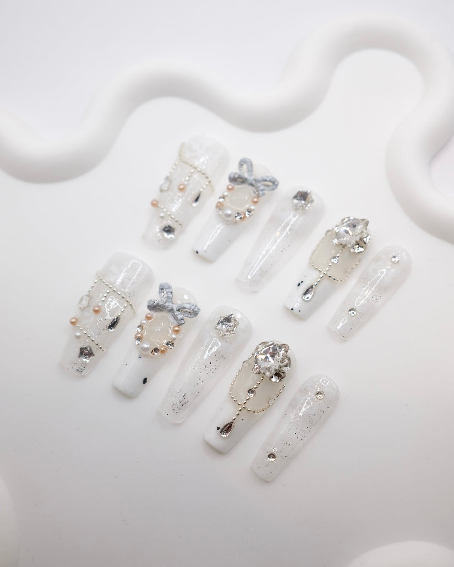 Extra Long Coffin White Snowflake & Diamond Press On Nails