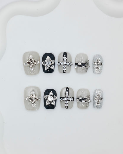 Short Coffin Silver Cross Rhinestone Press On Nails