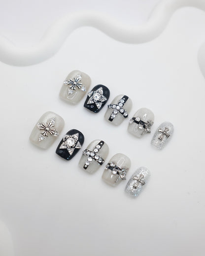 Short Coffin Silver Cross Rhinestone Press On Nails