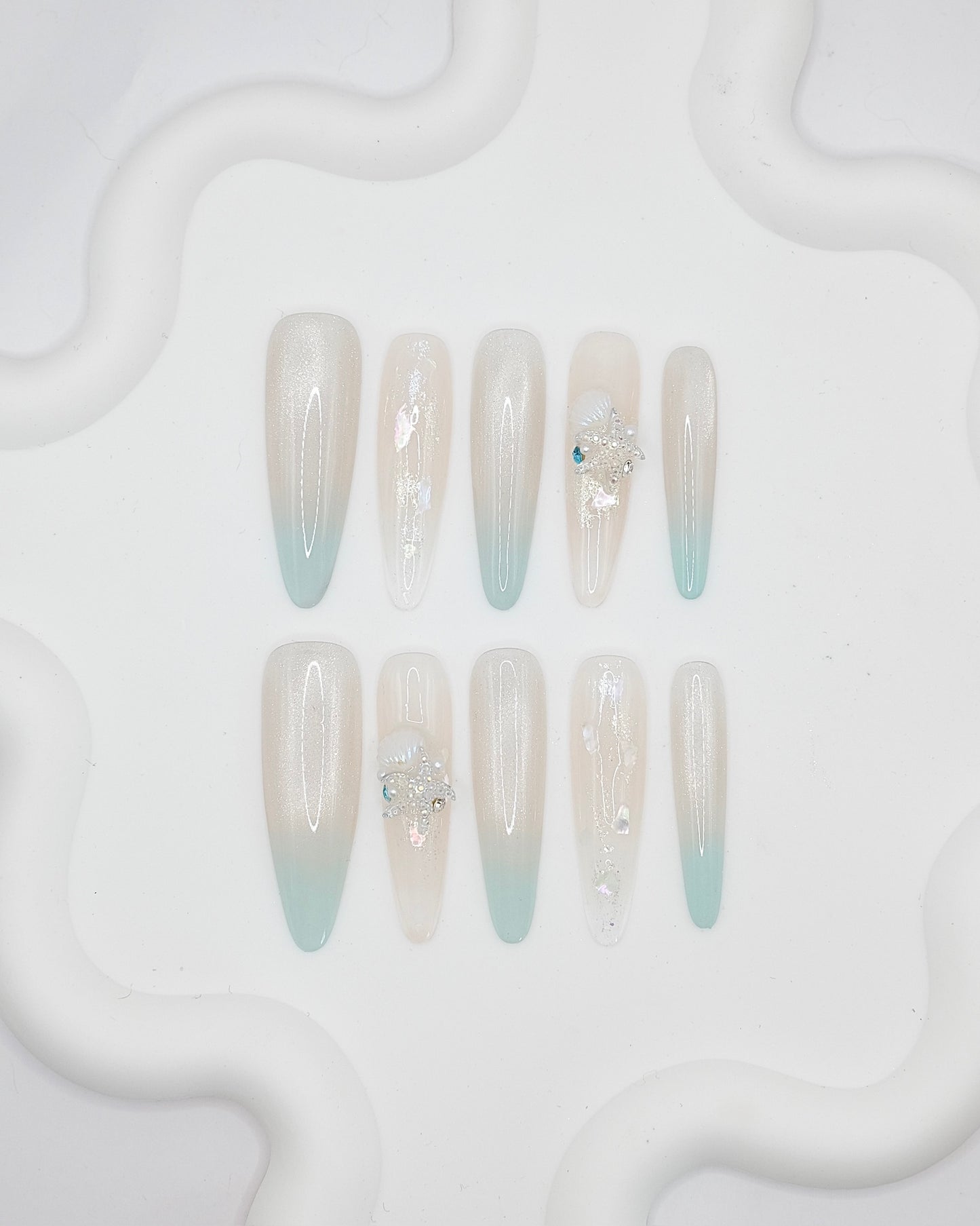 Extra Long Almond Pearl Mint Mermaid Shell Press On Nails
