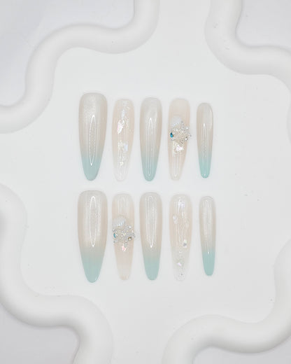Extra Long Almond Pearl Mint Mermaid Shell Press On Nails