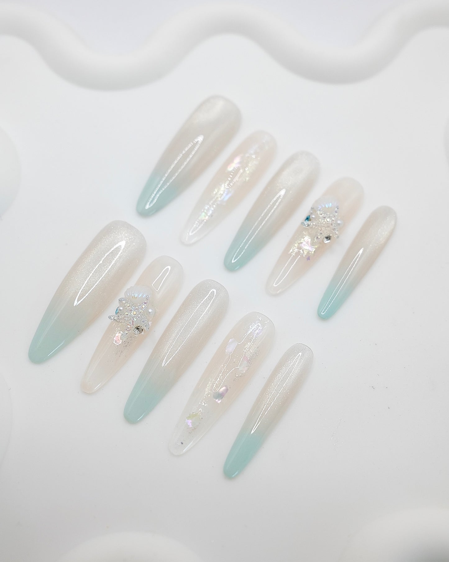 Extra Long Almond Pearl Mint Mermaid Shell Press On Nails