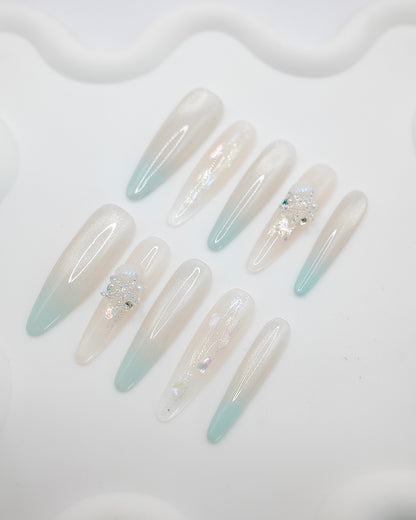 Extra Long Almond Pearl Mint Mermaid Shell Press On Nails