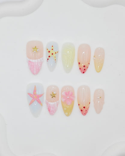 Long Almond Pastel Starfish Flower Press On Nails