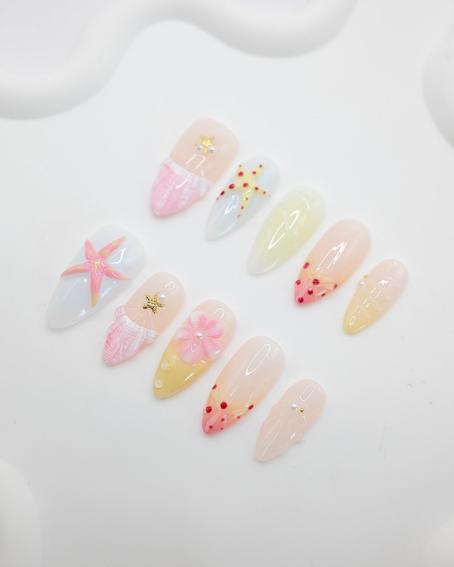 Long Almond Pastel Starfish Flower Press On Nails