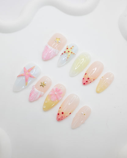 Long Almond Pastel Starfish Flower Press On Nails