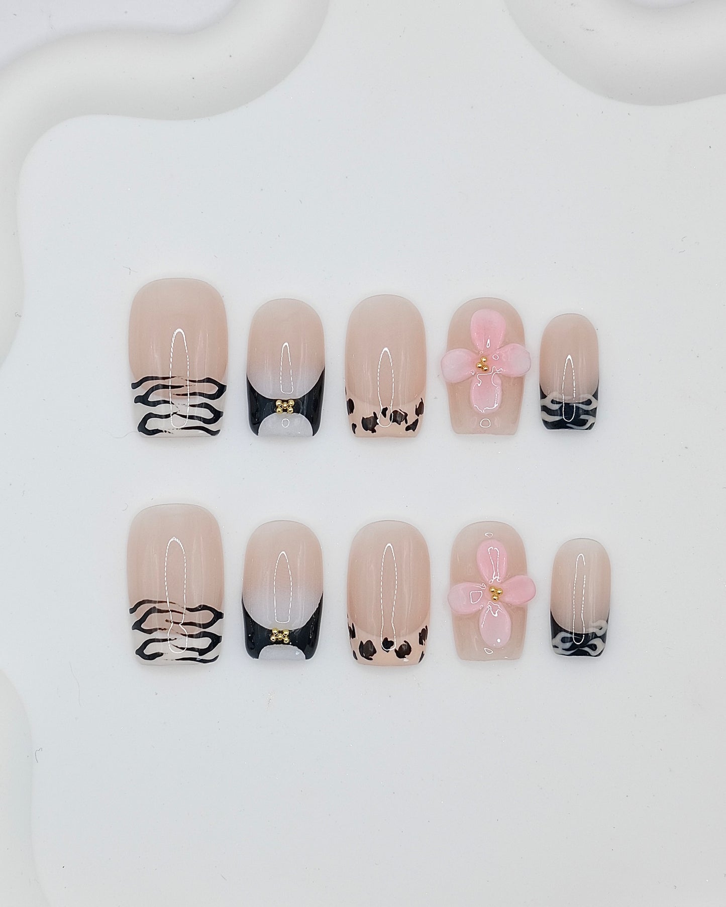 Short Coffin Animal Print French Flower Press On Nails
